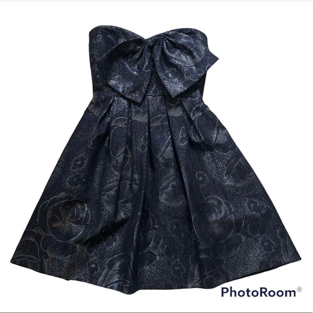 Rebecca Taylor Blue Matelasse Floral Bow Mini Party Strapless Dress Size 2